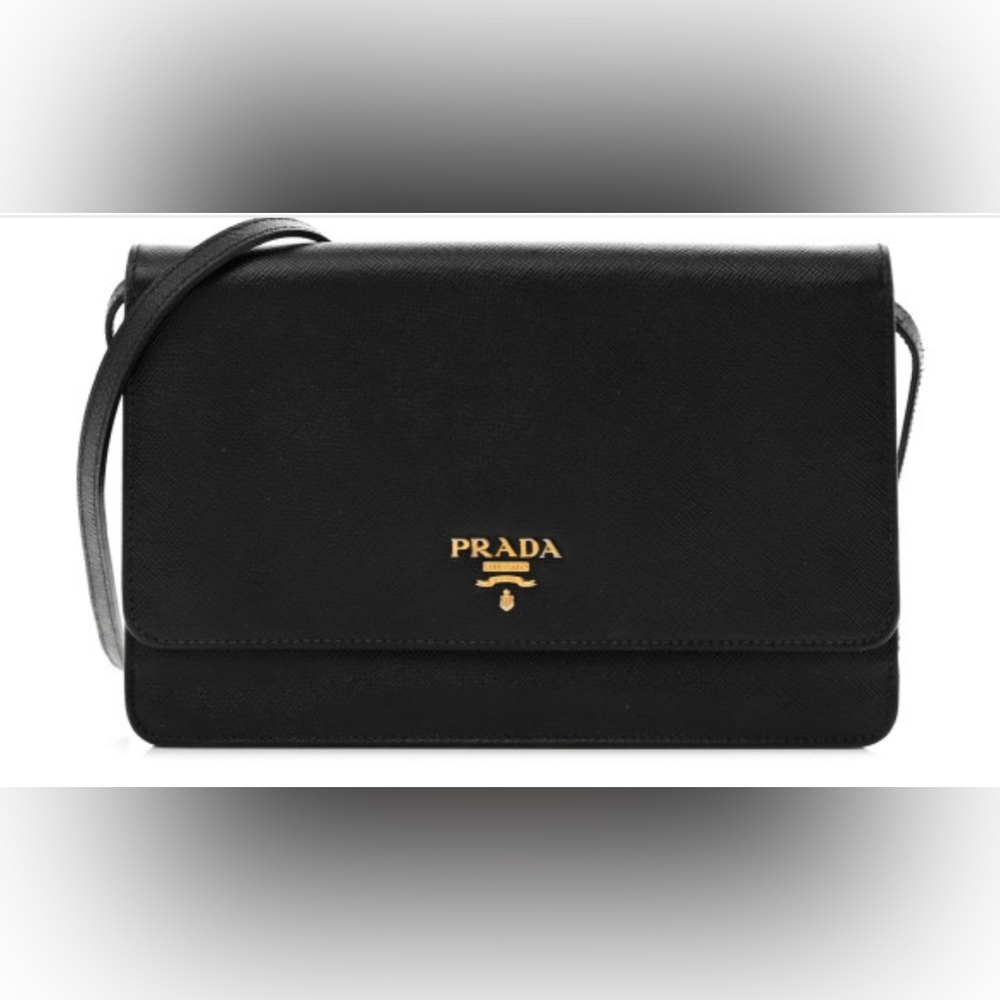 PRADA Saffiano Metal Flap Wallet With Strap Black